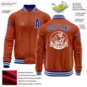 Custom Texas Orange Royal-White Bomber Varsity Letterman Zipper Jacket