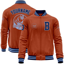 Load image into Gallery viewer, Custom Texas Orange Navy-Light Blue Bomber Varsity Letterman Zipper Jacket
