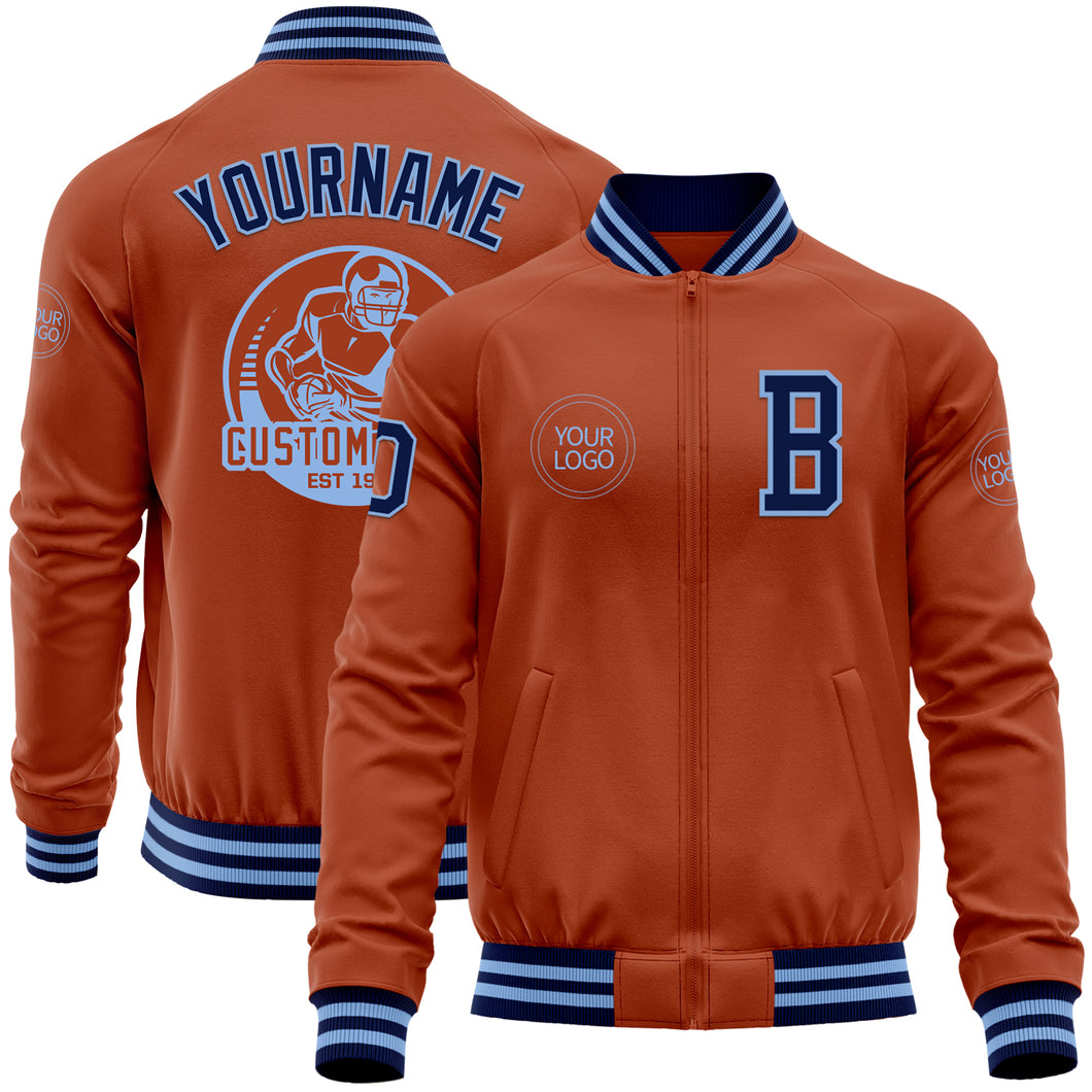 Custom Texas Orange Navy-Light Blue Bomber Varsity Letterman Zipper Jacket