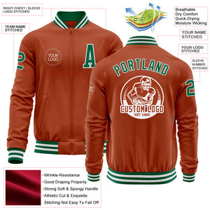 Custom Texas Orange Kelly Green-White Bomber Varsity Letterman Zipper Jacket