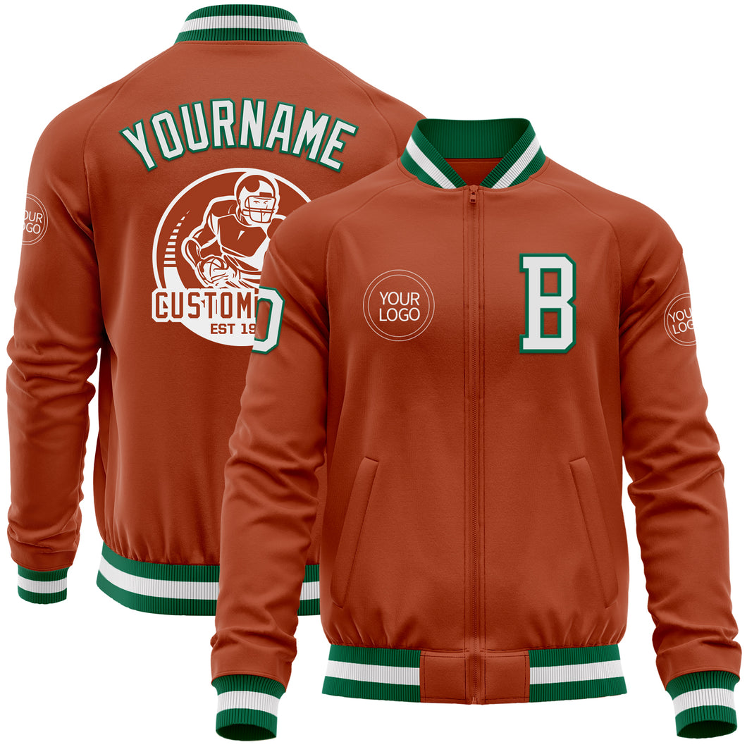 Custom Texas Orange White-Kelly Green Bomber Varsity Letterman Zipper Jacket