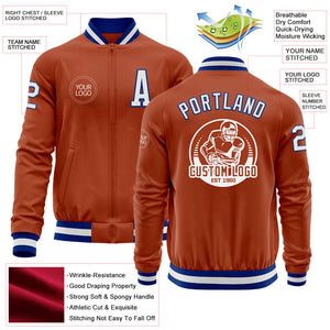 Custom Texas Orange White-Royal Bomber Varsity Letterman Zipper Jacket