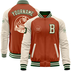 Custom Texas Orange Green-Cream Bomber Varsity Letterman Two Tone Zipper Jacket