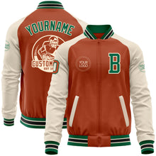 Load image into Gallery viewer, Custom Texas Orange Kelly Green Cream-Black Bomber Varsity Letterman Two Tone Zipper Jacket
