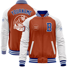 Load image into Gallery viewer, Custom Texas Orange Royal-White Bomber Varsity Letterman Two Tone Zipper Jacket
