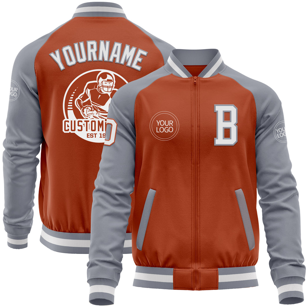 Custom Texas Orange White-Gray Bomber Varsity Letterman Two Tone Zipper Jacket