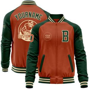 Custom Texas Orange Cream-Green Bomber Varsity Letterman Two Tone Zipper Jacket