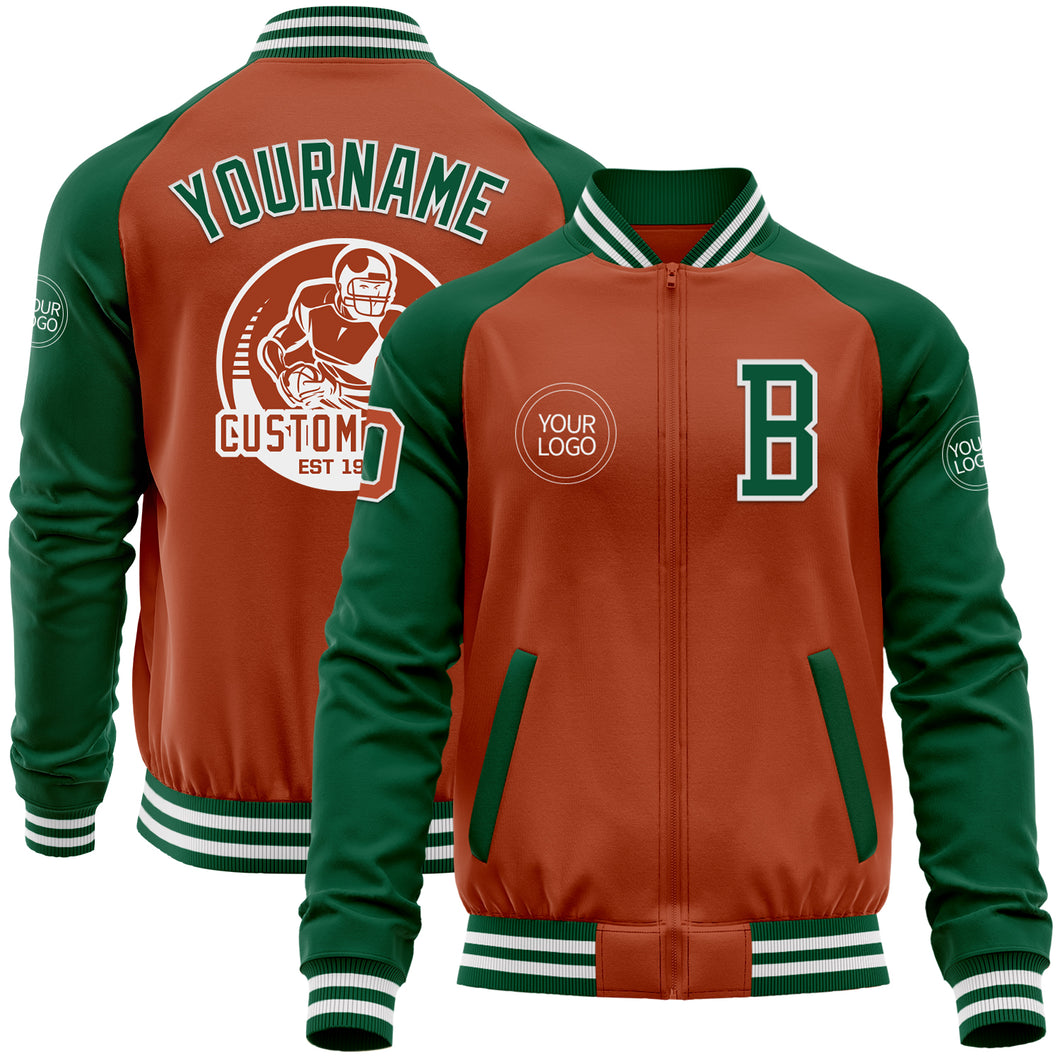 Custom Texas Orange White-Kelly Green Bomber Varsity Letterman Two Tone Zipper Jacket