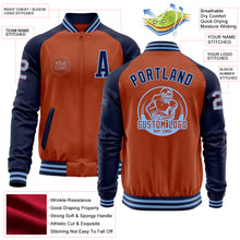 Load image into Gallery viewer, Custom Texas Orange Light Blue-Navy Bomber Varsity Letterman Two Tone Zipper Jacket
