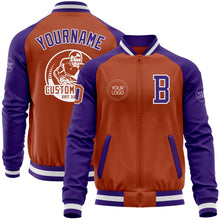 Load image into Gallery viewer, Custom Texas Orange White-Purple Bomber Varsity Letterman Two Tone Zipper Jacket
