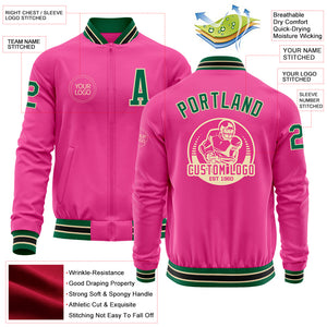 Custom Pink Kelly Green Cream-Black Bomber Varsity Letterman Zipper Jacket