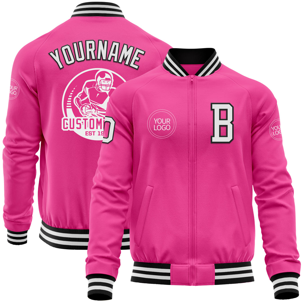 Custom Pink White-Black Bomber Varsity Letterman Zipper Jacket