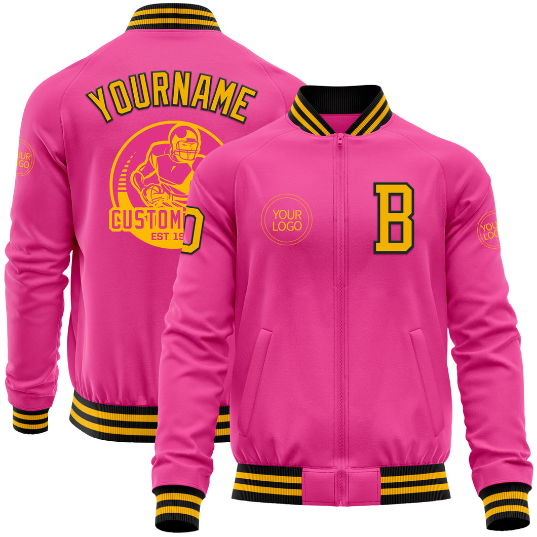 Custom Pink Gold-Black Bomber Varsity Letterman Zipper Jacket