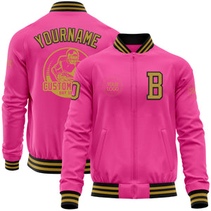 Custom Pink Old Gold-Black Bomber Varsity Letterman Zipper Jacket