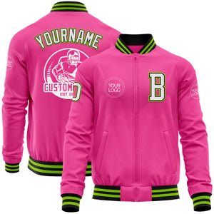 Custom Pink Black-Neon Green Bomber Varsity Letterman Zipper Jacket