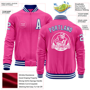 Custom Pink White-Royal Bomber Varsity Letterman Zipper Jacket