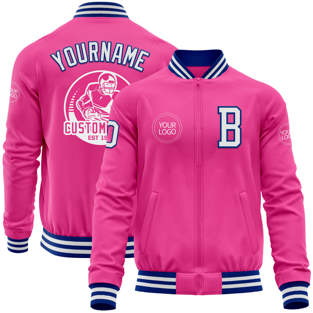 Custom Pink White-Royal Bomber Varsity Letterman Zipper Jacket