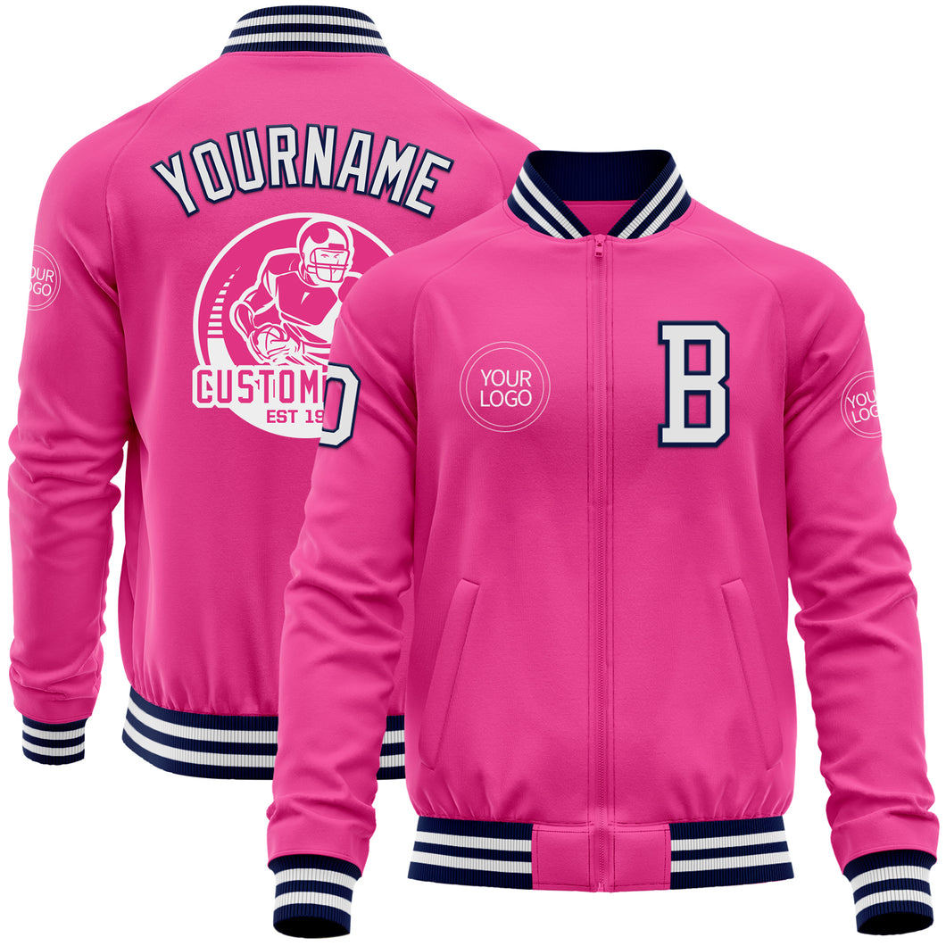 Custom Pink White-Navy Bomber Varsity Letterman Zipper Jacket