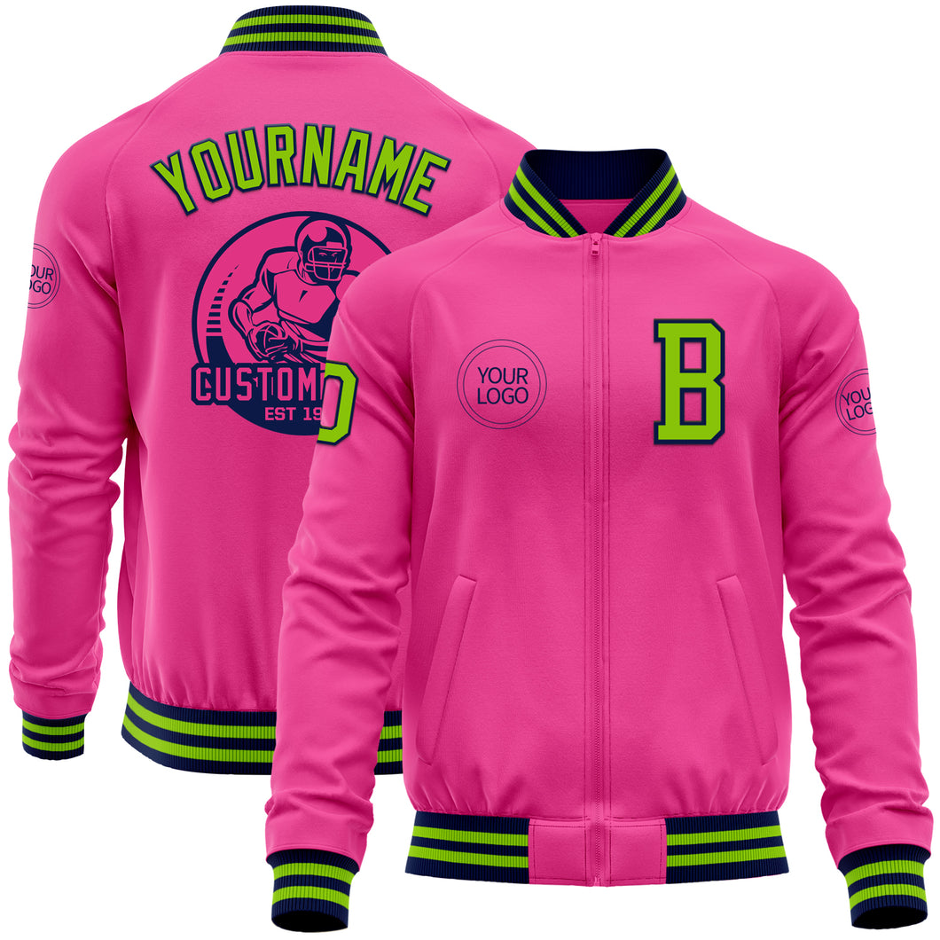 Custom Pink Neon Green-Navy Bomber Varsity Letterman Zipper Jacket