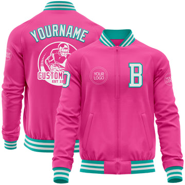 Custom Pink White-Aqua Bomber Varsity Letterman Zipper Jacket