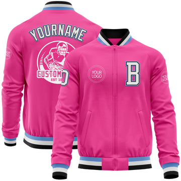 Custom Pink Black-Light Blue Bomber Varsity Letterman Zipper Jacket