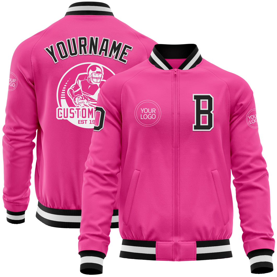 Custom Pink Black-White Bomber Varsity Letterman Zipper Jacket