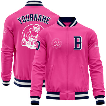 Custom Pink Navy-White Bomber Varsity Letterman Zipper Jacket