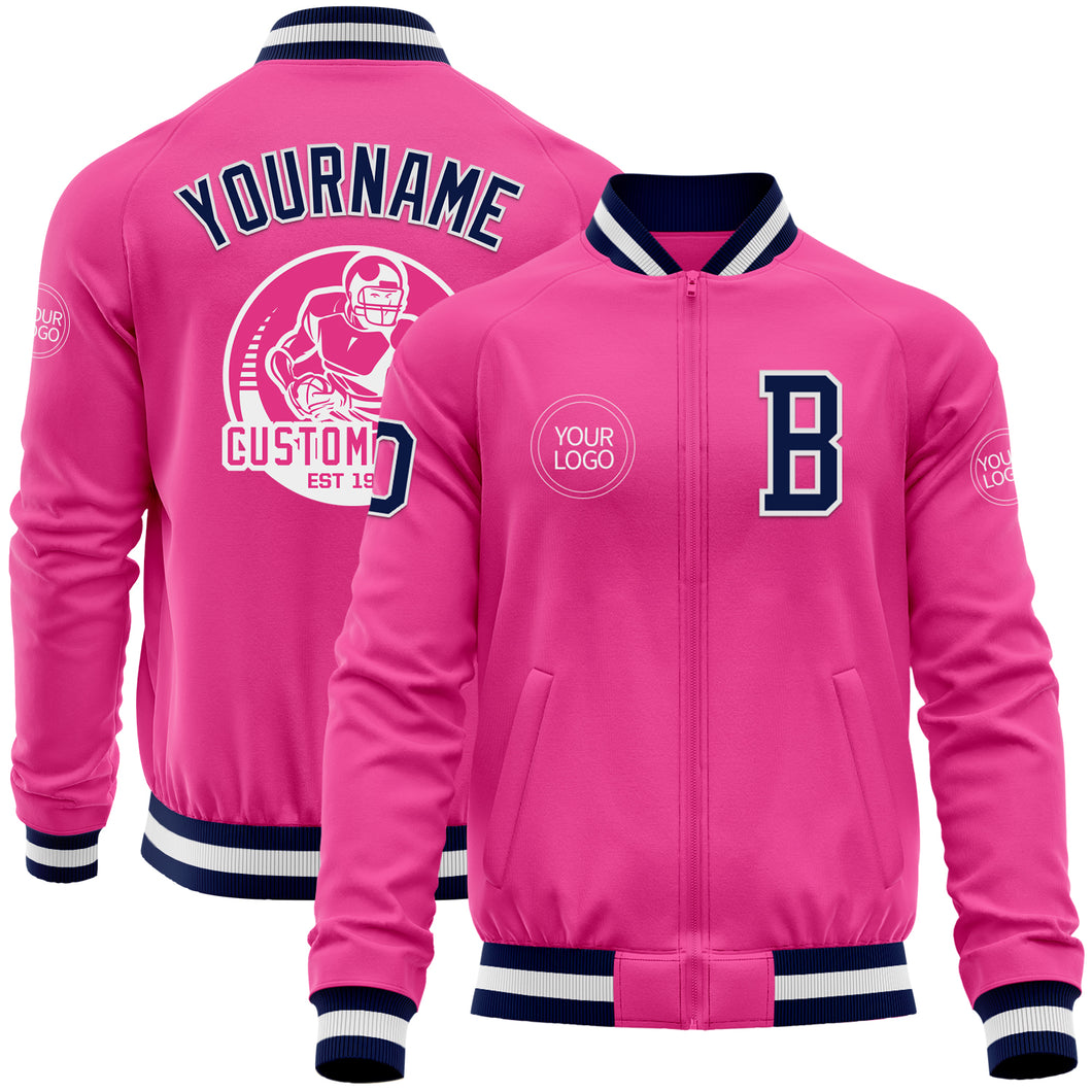 Custom Pink Navy-White Bomber Varsity Letterman Zipper Jacket