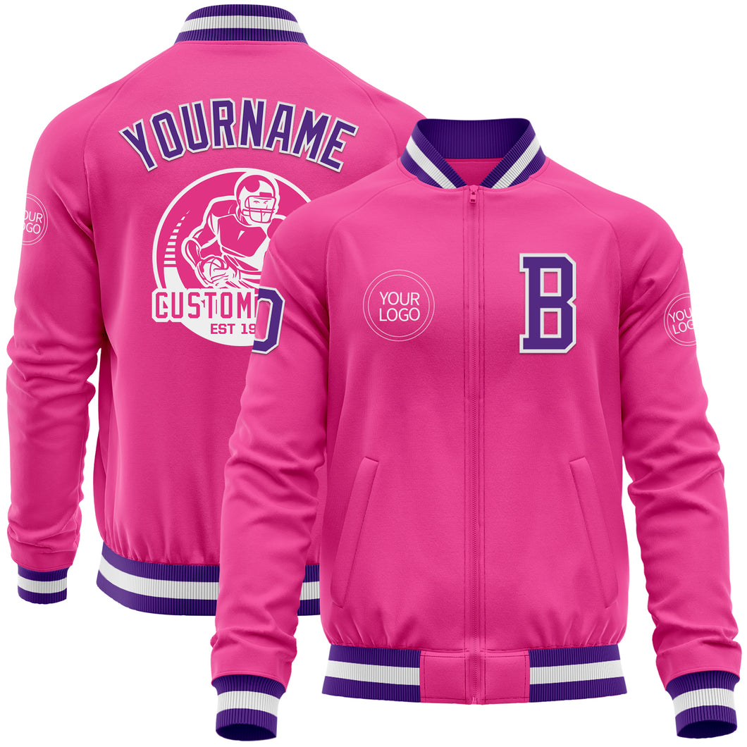 Custom Pink Purple-White Bomber Varsity Letterman Zipper Jacket