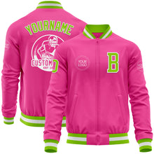 Load image into Gallery viewer, Custom Pink Neon Green-White Bomber Varsity Letterman Zipper Jacket
