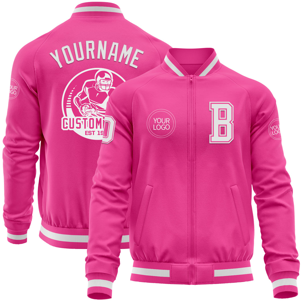 Custom Pink White Bomber Varsity Letterman Zipper Jacket