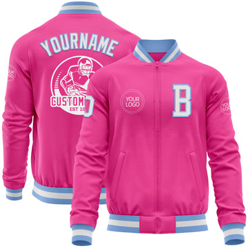 Custom Pink White-Light Blue Bomber Varsity Letterman Zipper Jacket