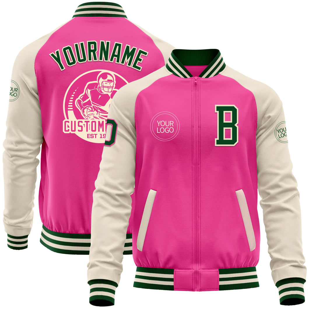 Custom Pink Green-Cream Bomber Varsity Letterman Two Tone Zipper Jacket