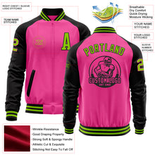 Load image into Gallery viewer, Custom Pink Neon Green-Black Bomber Varsity Letterman Two Tone Zipper Jacket
