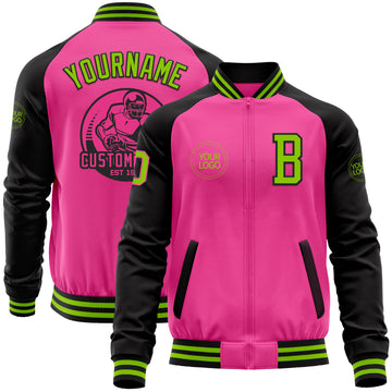 Custom Pink Neon Green-Black Bomber Varsity Letterman Two Tone Zipper Jacket