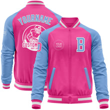 Load image into Gallery viewer, Custom Pink White-Light Blue Bomber Varsity Letterman Two Tone Zipper Jacket
