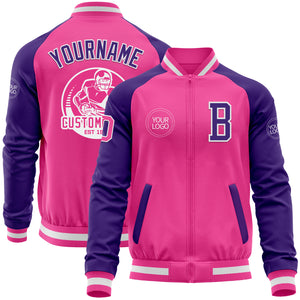 Custom Pink White-Purple Bomber Varsity Letterman Two Tone Zipper Jacket