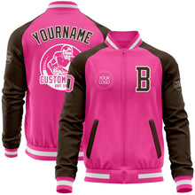 Load image into Gallery viewer, Custom Pink White-Brown Bomber Varsity Letterman Two Tone Zipper Jacket
