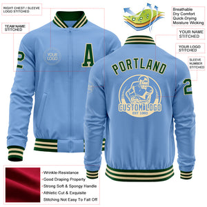 Custom Light Blue Green-Cream Bomber Varsity Letterman Zipper Jacket