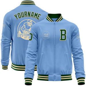 Custom Light Blue Green-Cream Bomber Varsity Letterman Zipper Jacket