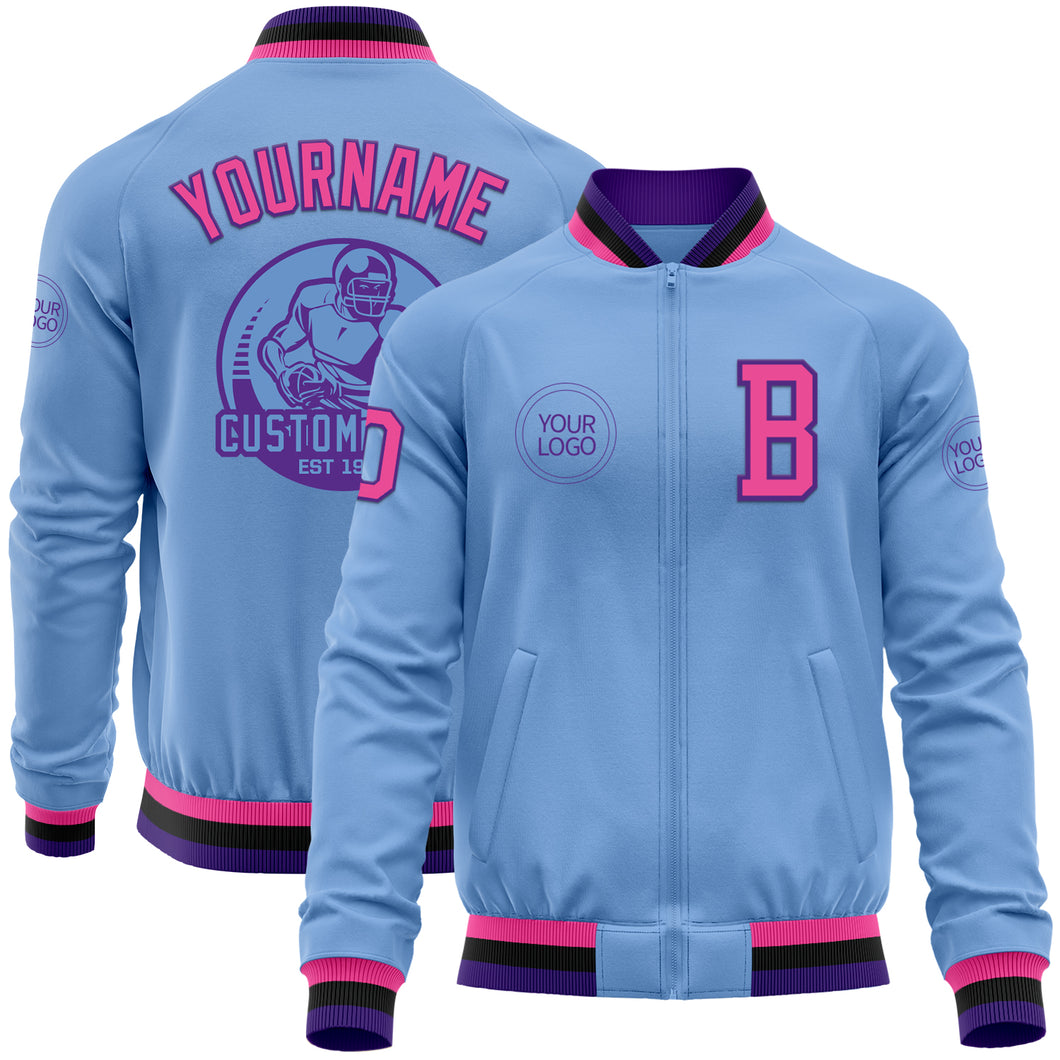 Custom Light Blue Pink Purple-Black Bomber Varsity Letterman Zipper Jacket