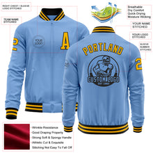 Load image into Gallery viewer, Custom Light Blue Gold-Black Bomber Varsity Letterman Zipper Jacket
