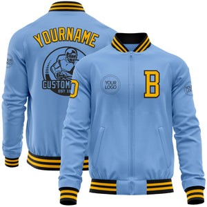 Custom Light Blue Gold-Black Bomber Varsity Letterman Zipper Jacket