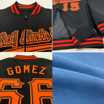 Custom Light Blue Orange-Black Bomber Varsity Letterman Zipper Jacket