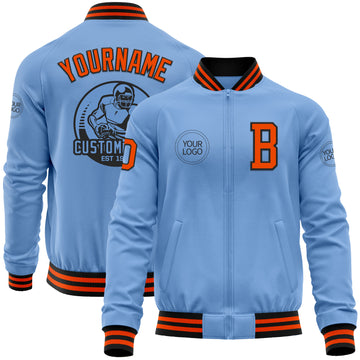 Custom Light Blue Orange-Black Bomber Varsity Letterman Zipper Jacket