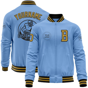 Custom Light Blue Old Gold-Black Bomber Varsity Letterman Zipper Jacket