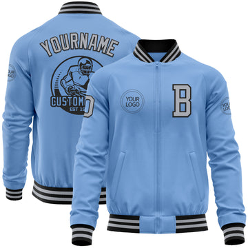 Custom Light Blue Gray-Black Bomber Varsity Letterman Zipper Jacket