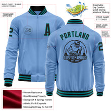 Load image into Gallery viewer, Custom Light Blue Black-Teal Bomber Varsity Letterman Zipper Jacket
