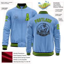 Load image into Gallery viewer, Custom Light Blue Neon Green-Black Bomber Varsity Letterman Zipper Jacket
