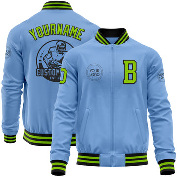 Custom Light Blue Neon Green-Black Bomber Varsity Letterman Zipper Jacket